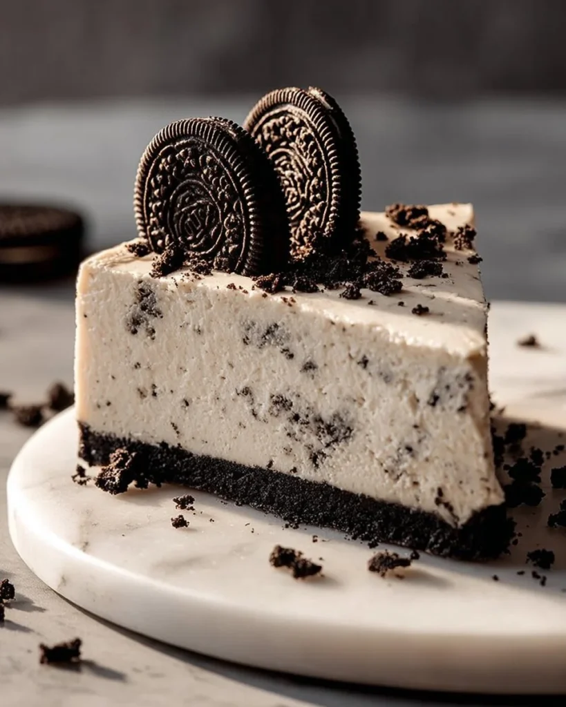 Delicious homemade Oreo Cheesecake topped with crushed Oreos.