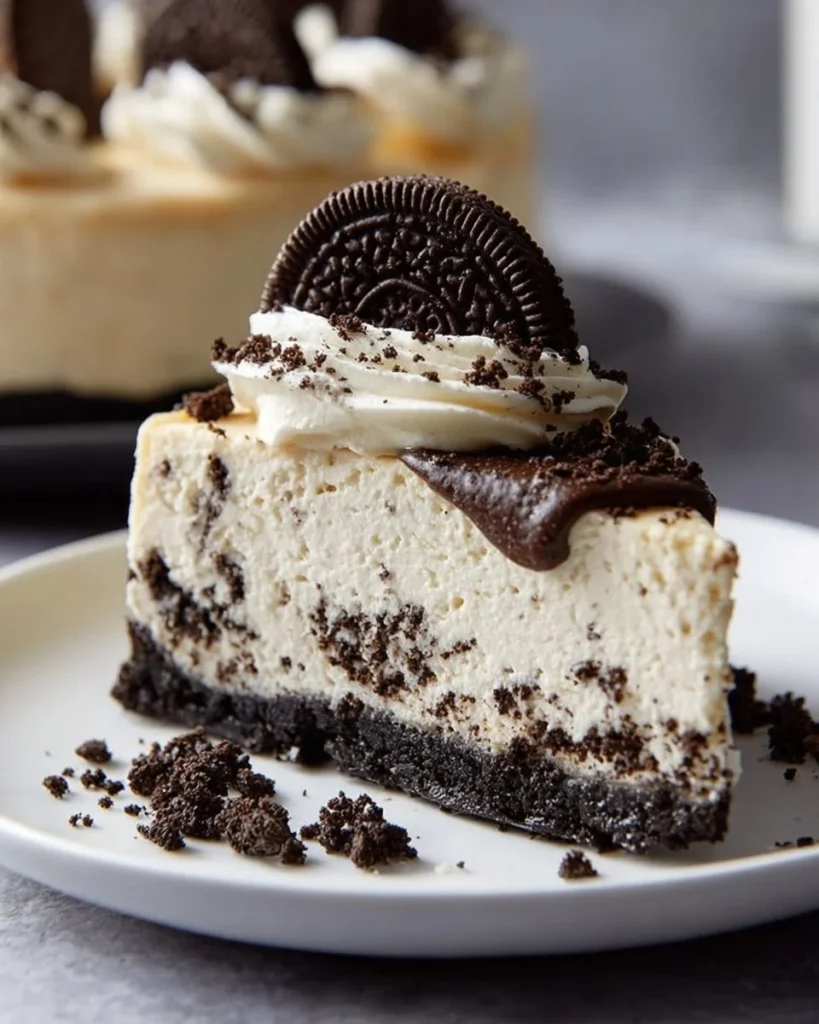 Delicious Oreo Cheesecake topped with crushed Oreo cookies on a classic graham cracker crust.
