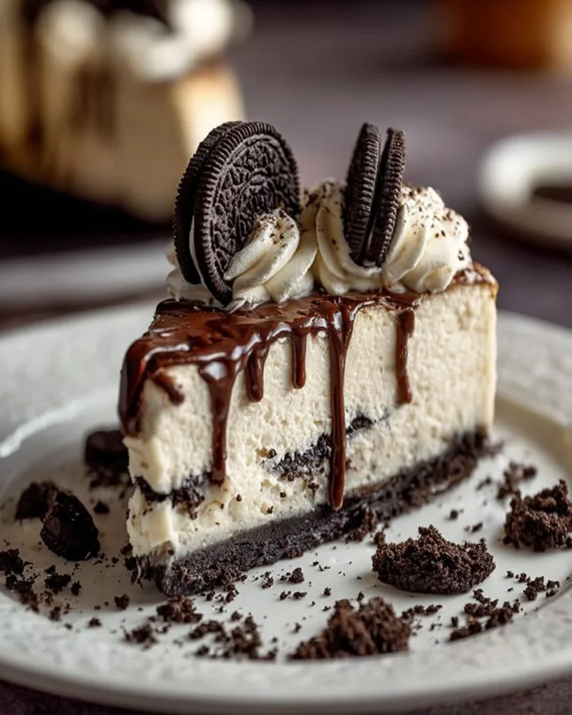 Delicious Oreo Cheesecake topped with cookie crumbles