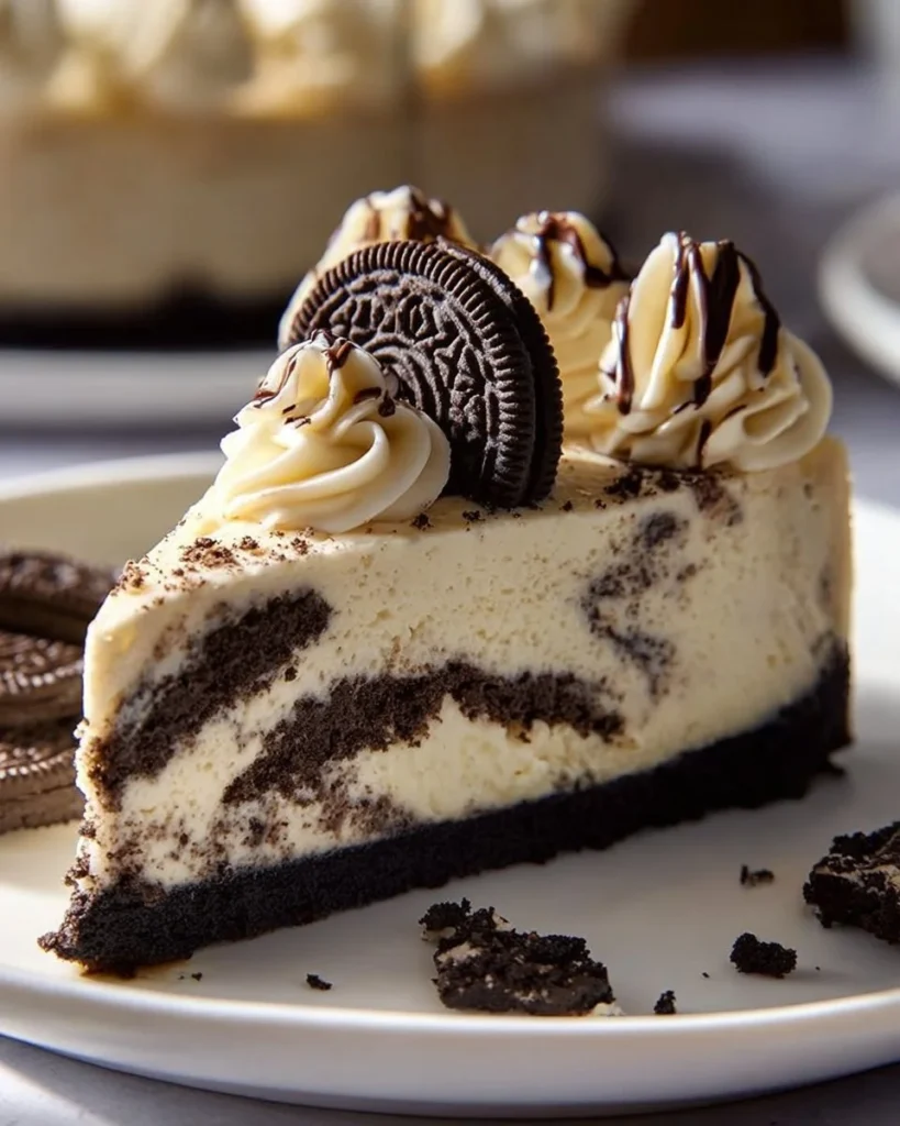 Delicious Oreo Cheesecake topped with crushed Oreos and chocolate drizzle