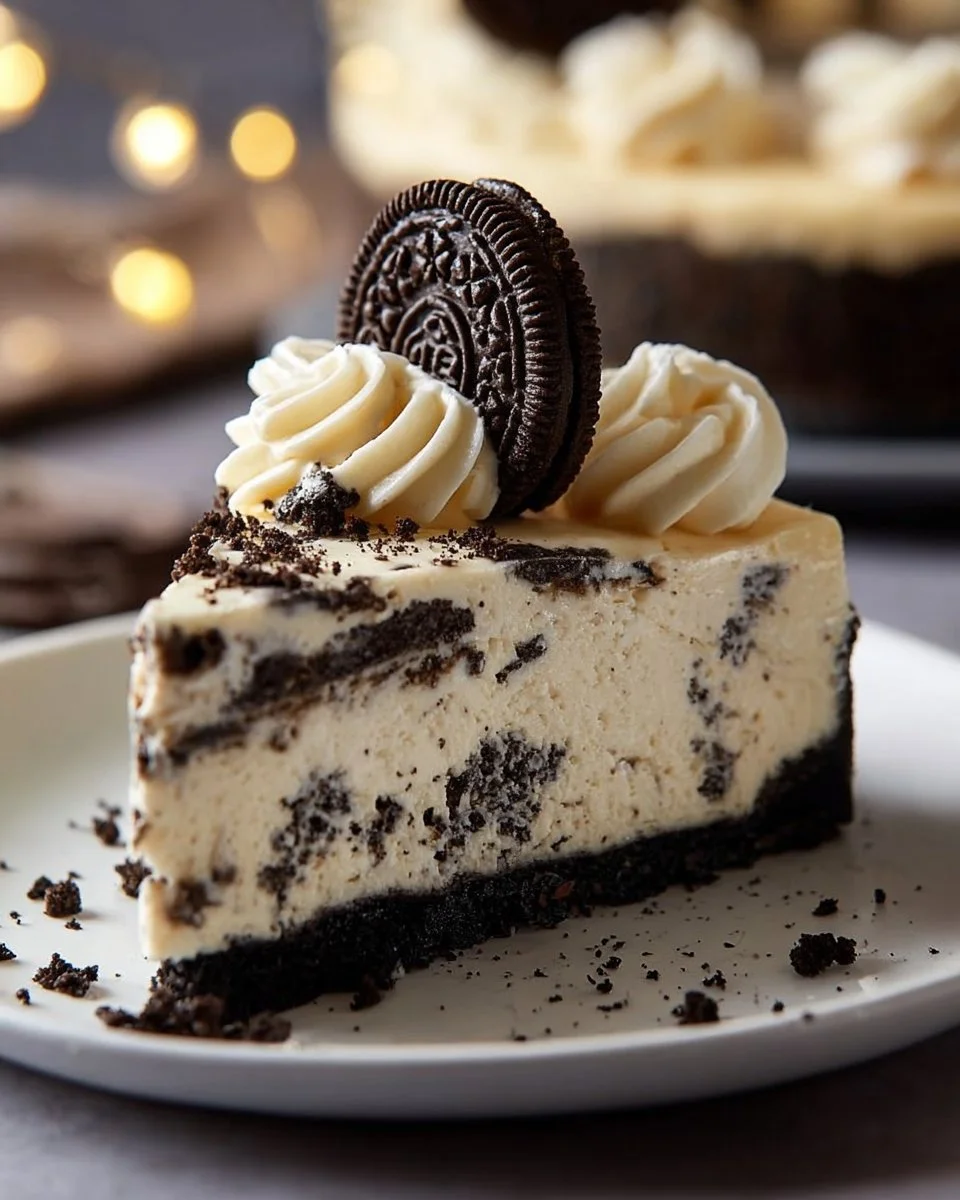 Delicious homemade Oreo Cheesecake with crushed Oreo topping