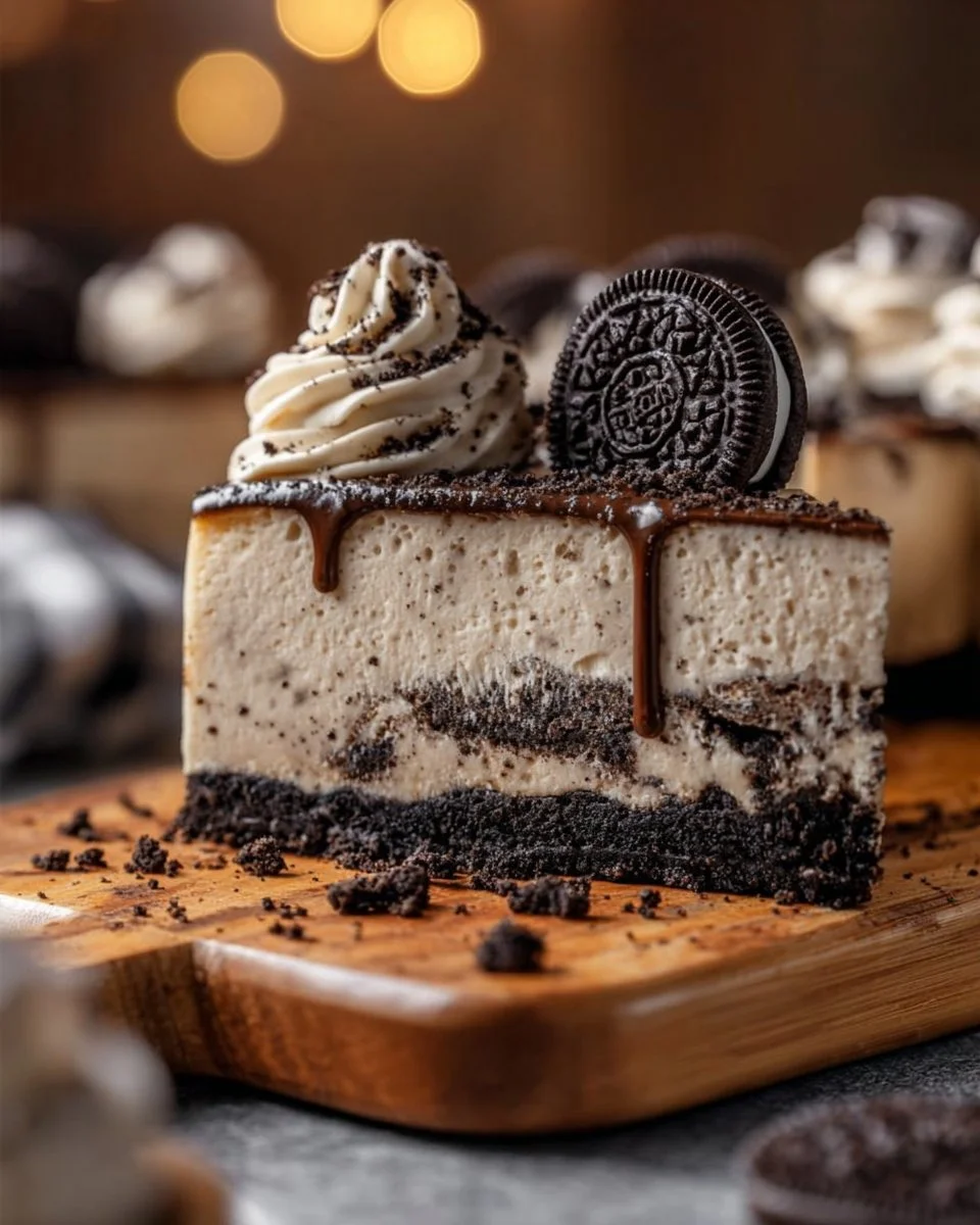 Delicious Oreo Cheesecake topped with crushed Oreos and whipped cream