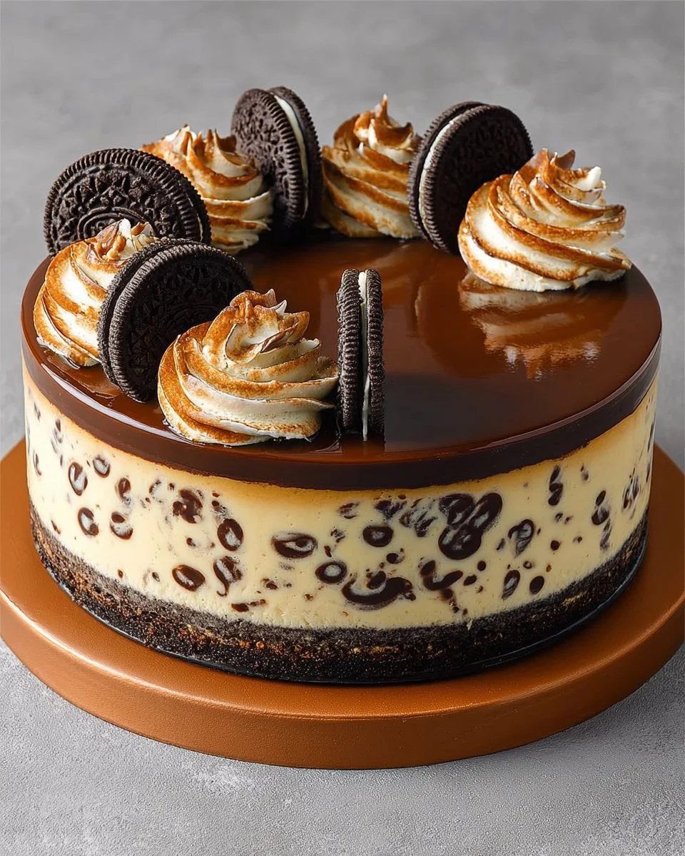 Decadent Oreo Cheesecake topped with crushed Oreos and chocolate drizzle