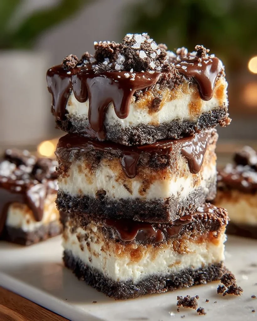 Delicious Oreo Cheesecake Bars with Oreo cookie crust and creamy filling