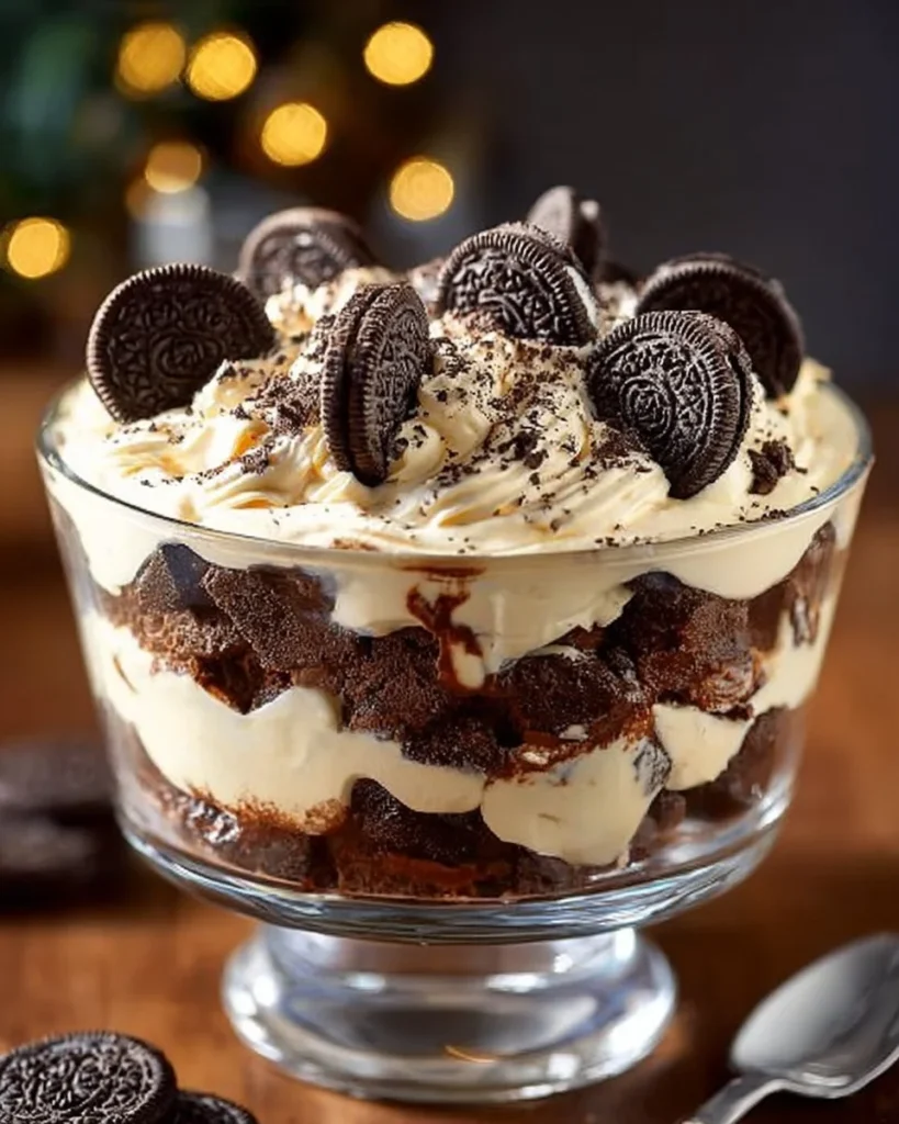 Oreo Cheesecake Brownie Trifle showcasing layers of brownies and cheesecake.