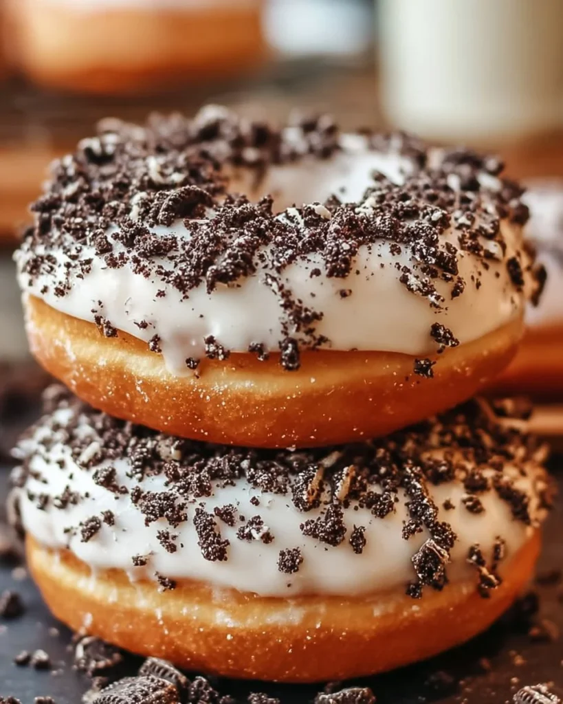 Oreo Cheesecake Doughnuts topped with crushed Oreos and creamy frosting