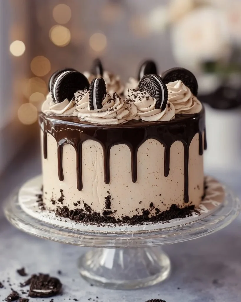 Delicious Oreo Chocolate Bliss Cake topped with crushed Oreos and chocolate frosting.