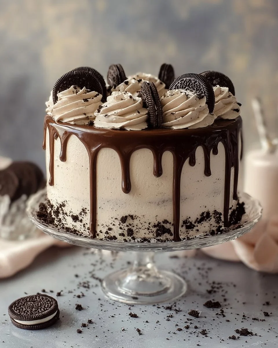 Slice of Oreo Chocolate Bliss Cake topped with crushed Oreos and chocolate drizzle