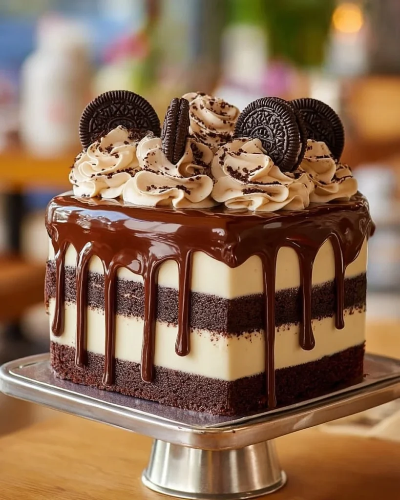 Oreo Chocolate Drip Cake with chocolate ganache and Oreo cookie decorations