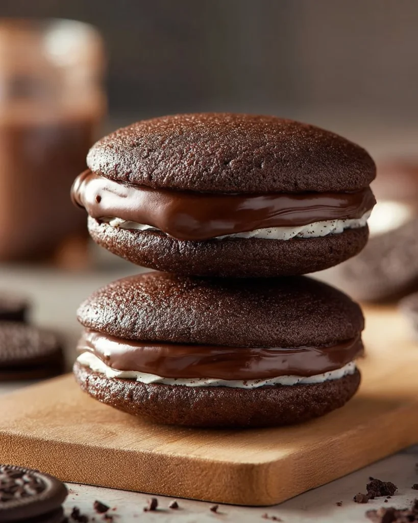 Delicious Oreo Cookie Whoopie Pies with creamy filling between soft cookies.