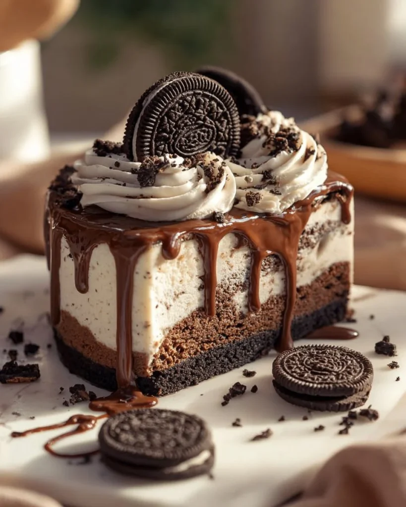 Decadent Oreo cheesecake topped with crushed Oreo cookies and whipped cream