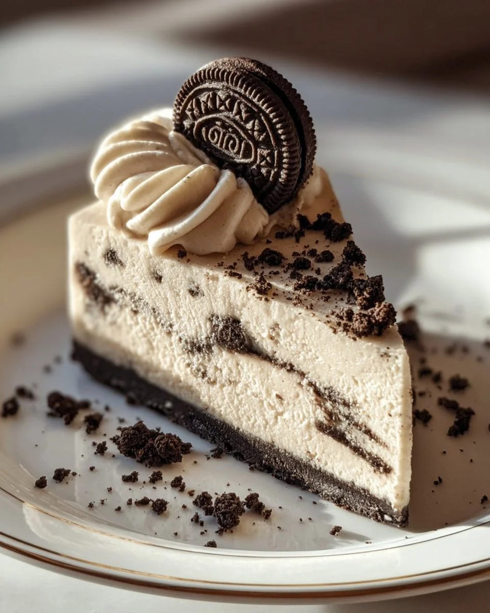Delicious Oreo cheesecake topped with crushed cookies and cream