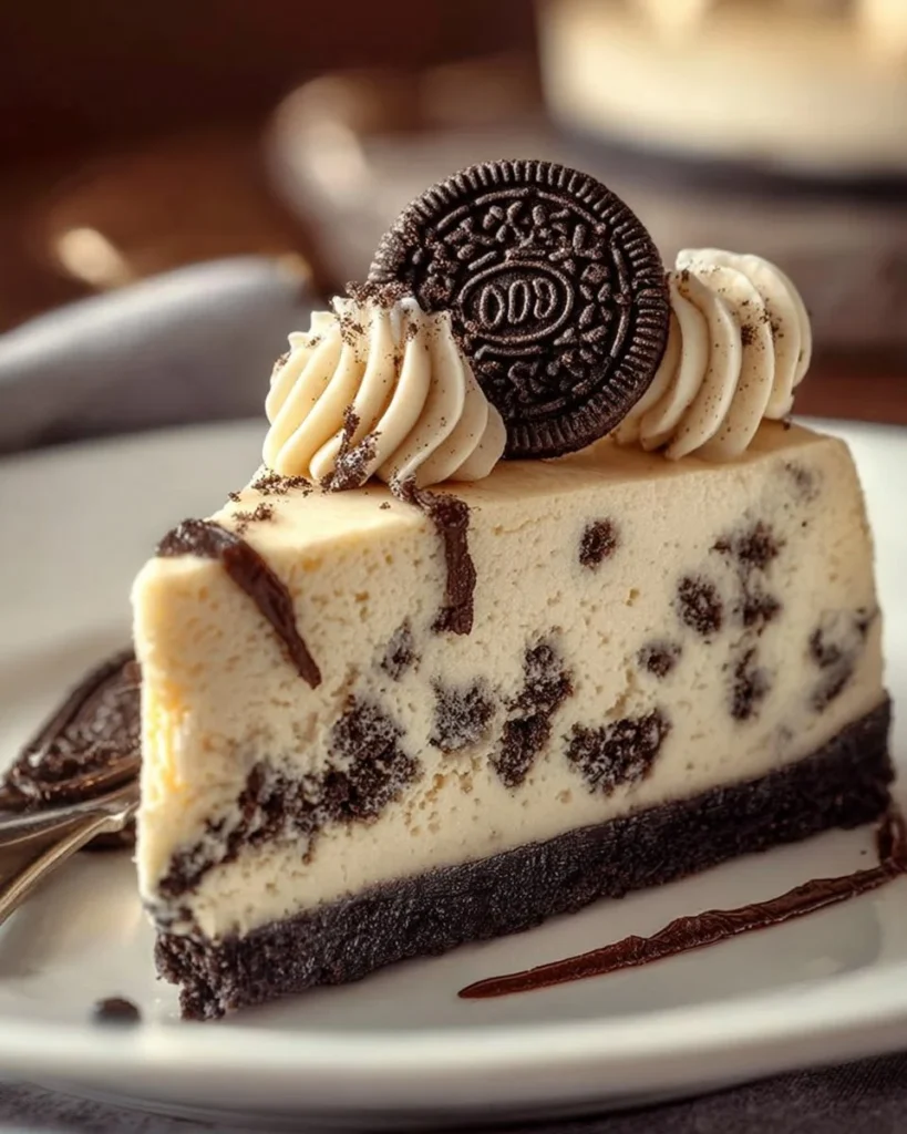 Delicious Oreo cheesecake topped with crushed Oreo cookies and whipped cream.