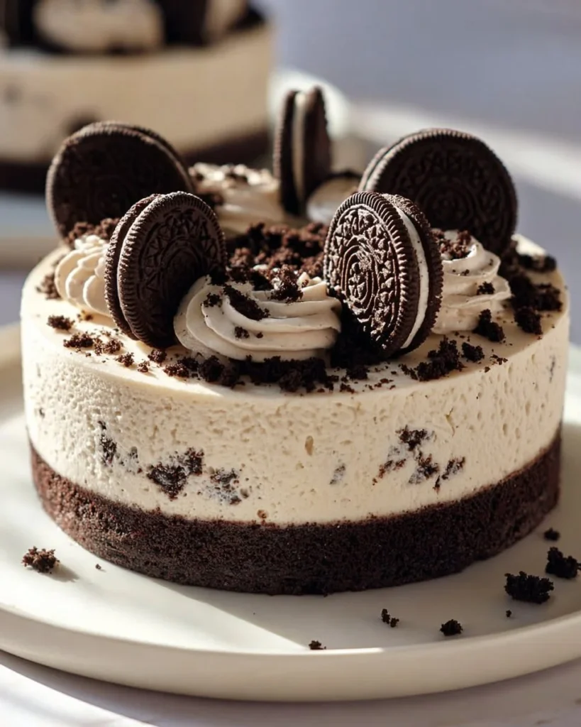 Delicious no-bake Oreo cheesecake topped with cookie crumbs and cream