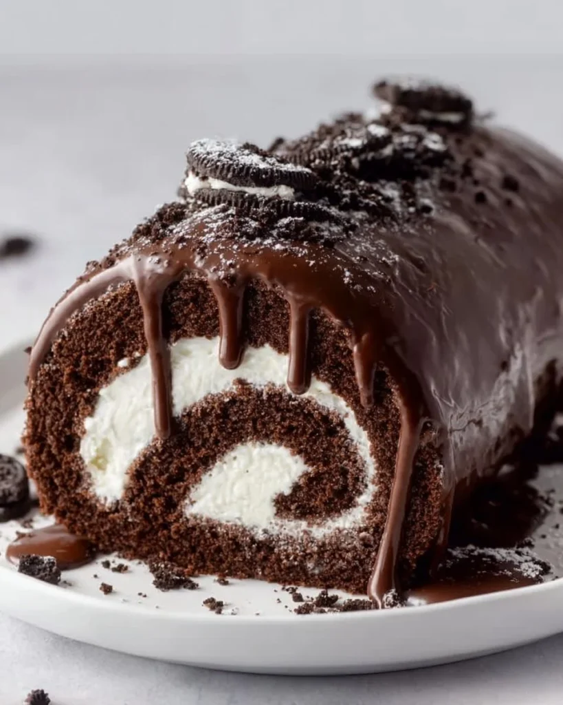 Oreo Cream Chocolate Roll dessert showcasing layers of chocolate and cream