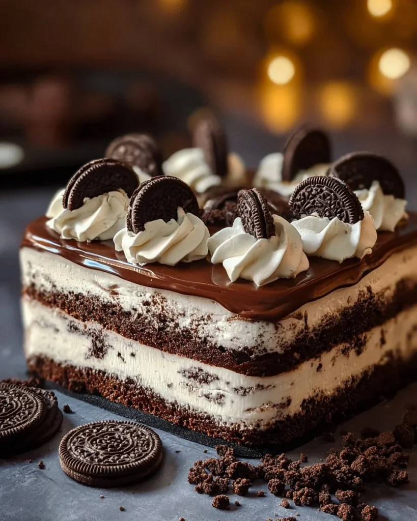 Delicious serving of Oreo Delight dessert topped with whipped cream and Oreo crumbs.