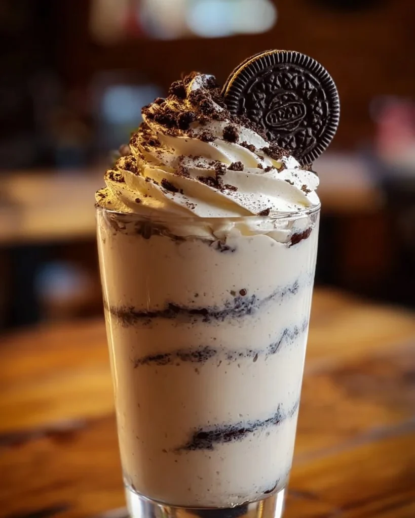 Delicious OREO milkshake topped with whipped cream and crushed cookies
