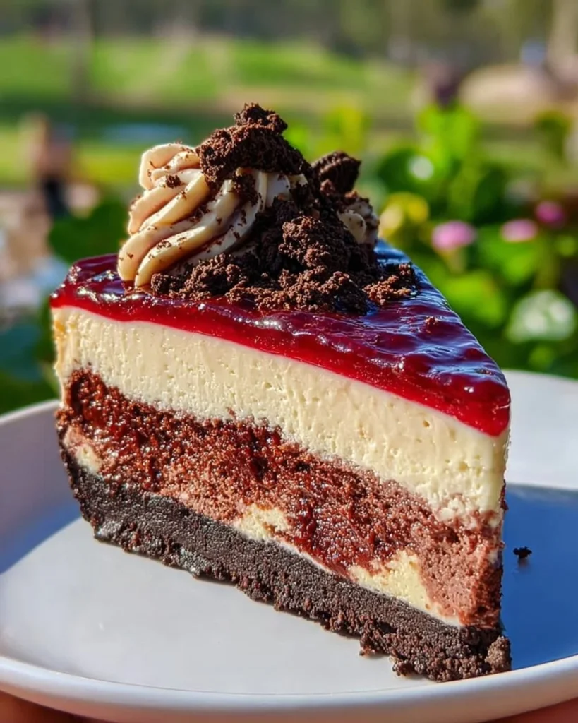 Delicious Oreo Red Velvet Cheesecake slice showcasing rich layers