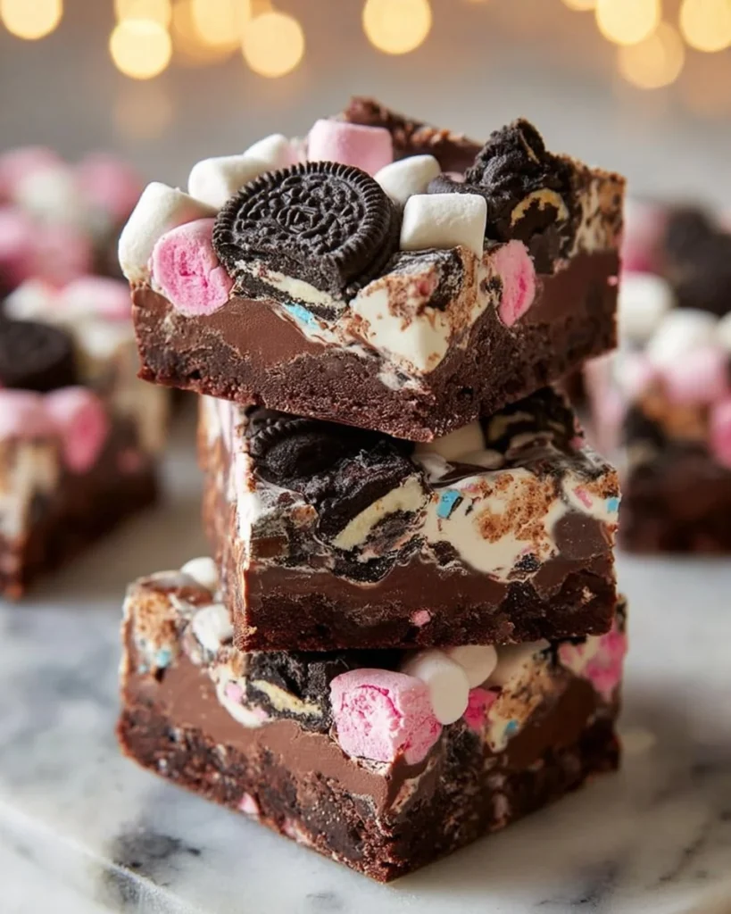 Oreo Rocky Road dessert with chocolate, marshmallows, and Oreo cookies