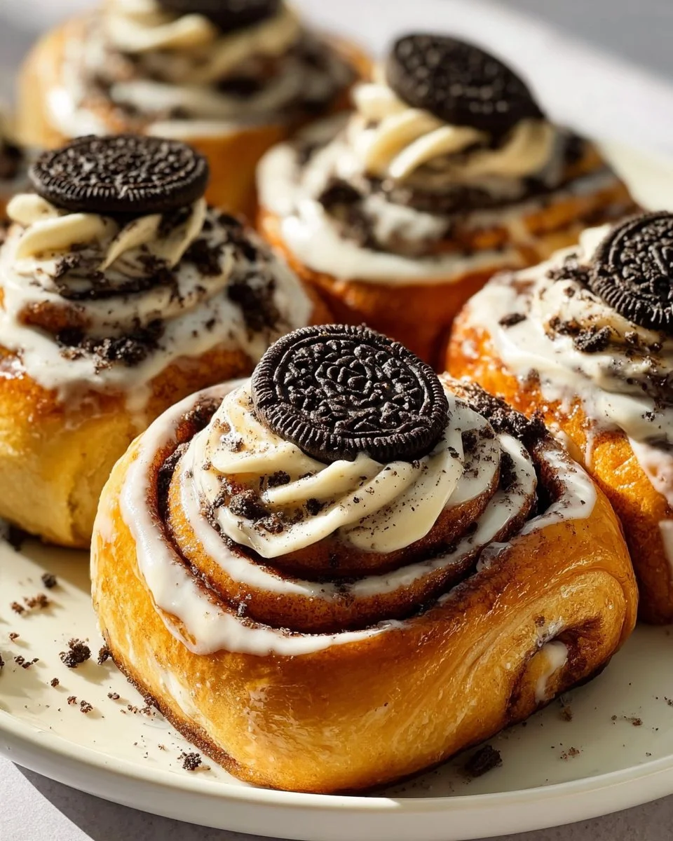 Delicious Oreo-Stuffed Cinnamon Rolls drizzled with icing