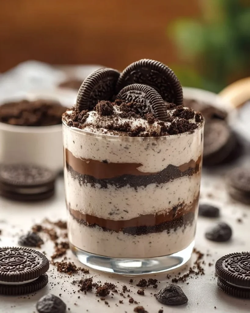 Delicious Oreo Tiramisu with layers of creamy filling and Oreo cookies
