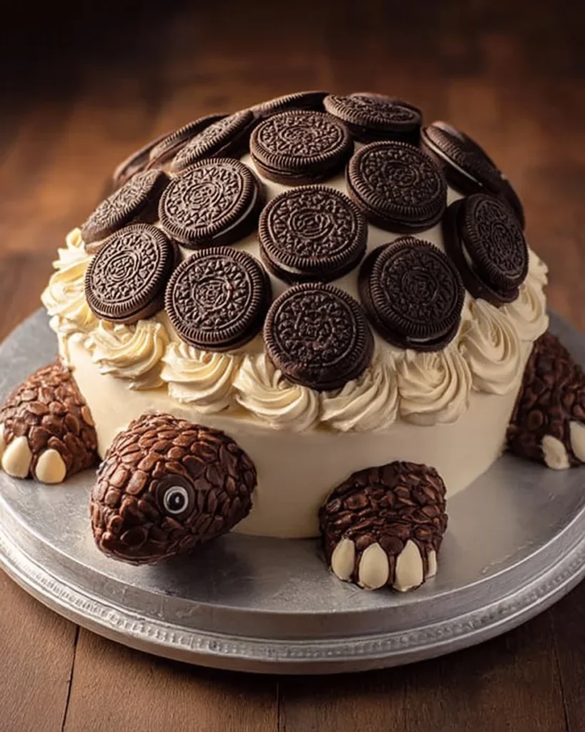 Deliciously layered Oreo Turtle Cake with chocolate and caramel toppings