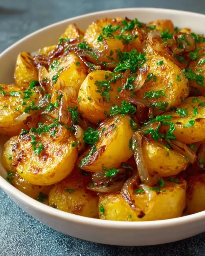 Plate of golden oven-fried potatoes and onions garnished with herbs
