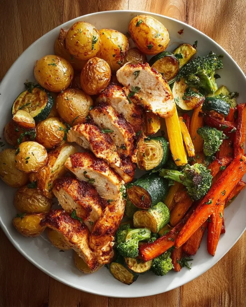 Oven-roasted chicken with colorful roasted vegetables on a plate