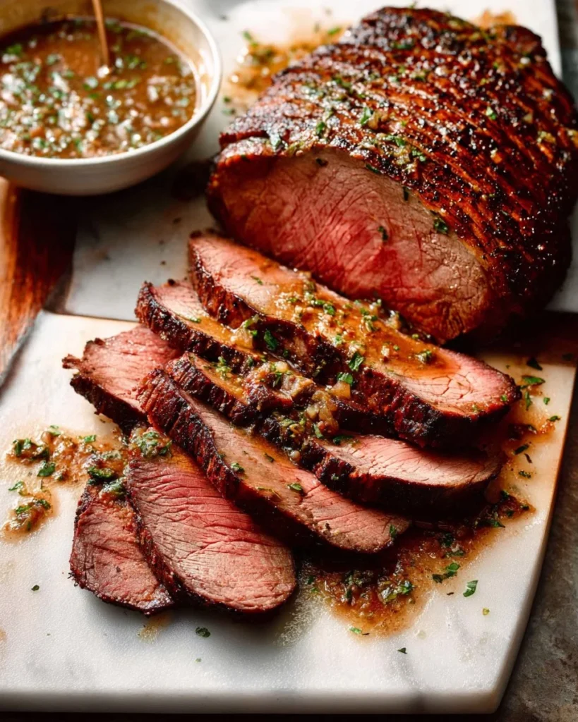 Pan-seared flank steak served with mustard caper sauce on a plate