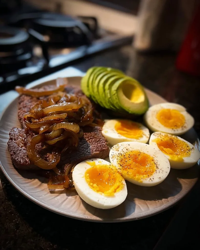 Delicious pan-seared liver and onions served with jammy eggs and avocado.