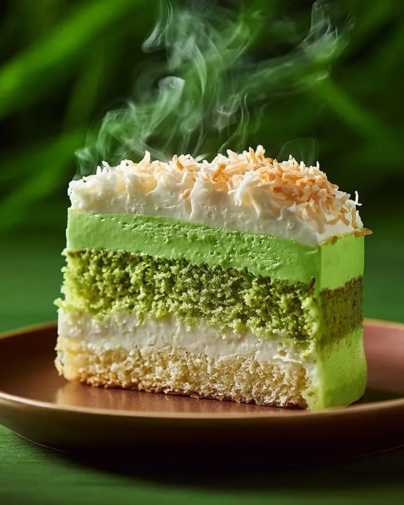 Slice of moist Pandan Coconut Cake topped with coconut flakes