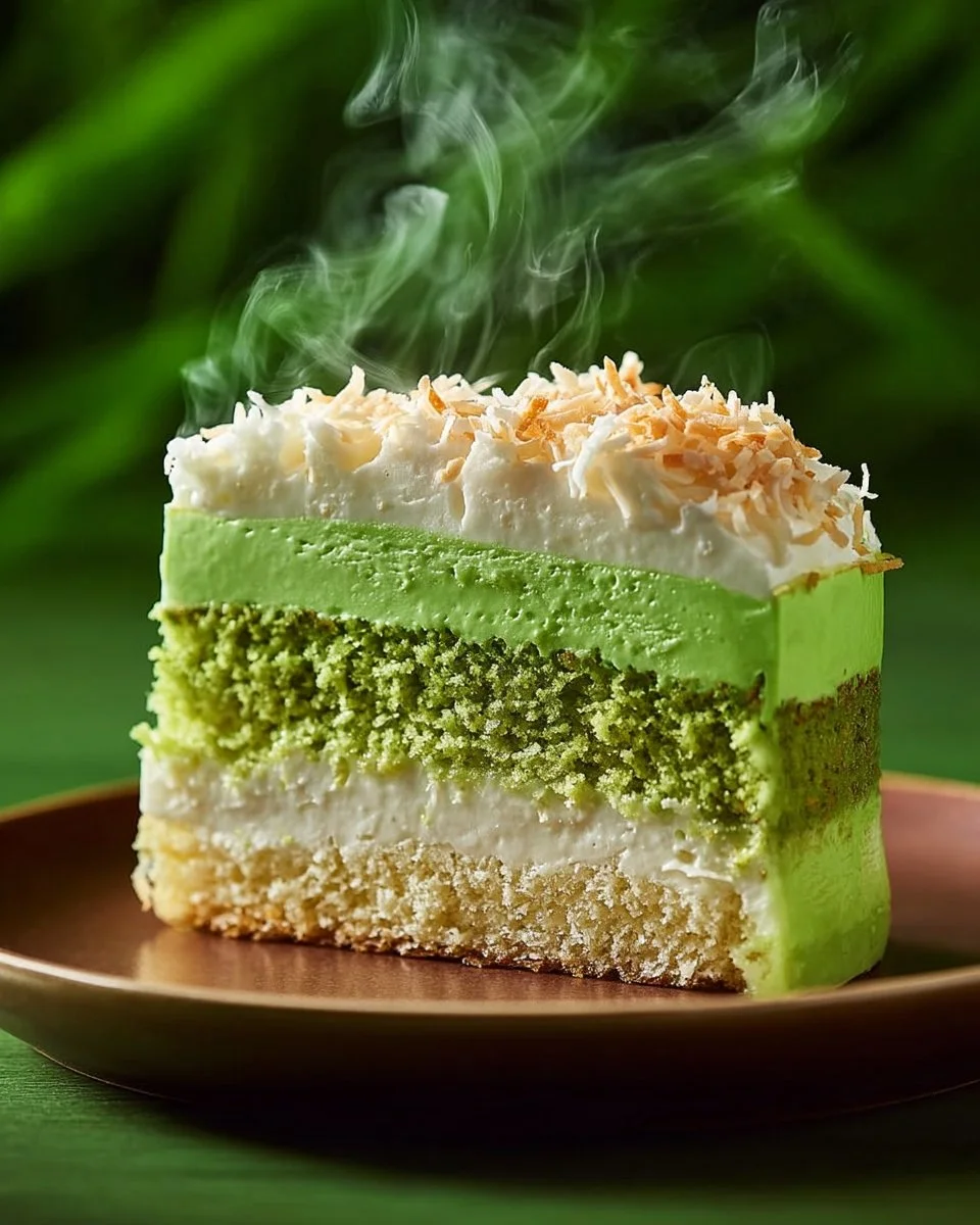 Slice of moist Pandan Coconut Cake topped with coconut flakes