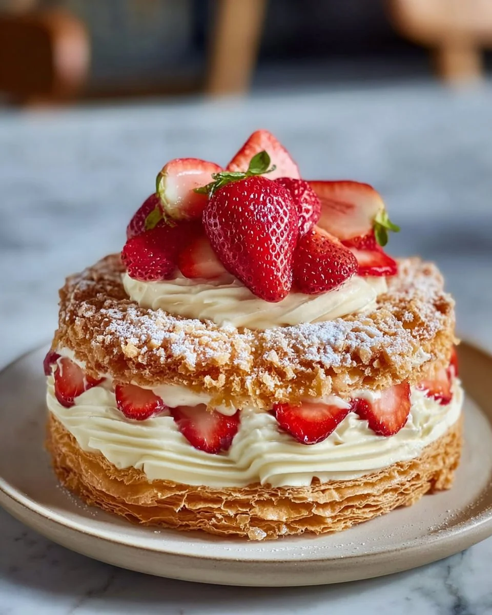 Delicious Paris-Brest pastry filled with whipped cream and fresh strawberries