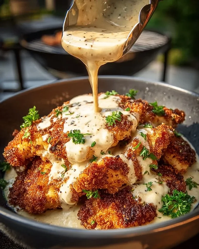 Delicious Parmesan Crusted Chicken topped with creamy garlic sauce