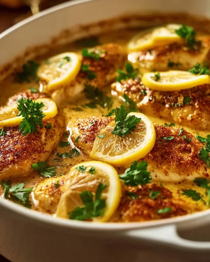 Baked Parmesan Crusted Lemon Chicken fillets garnished with fresh herbs.
