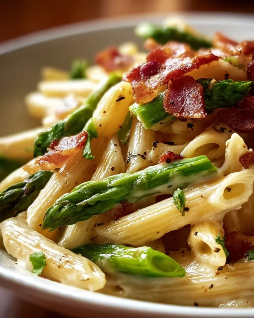 Plate of pasta with asparagus and bacon, garnished with herbs