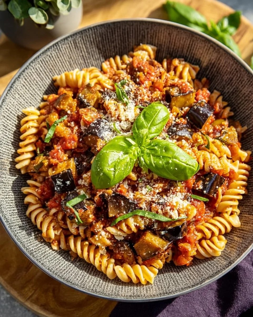 Pasta with eggplant and tomato sauce served in a bowl