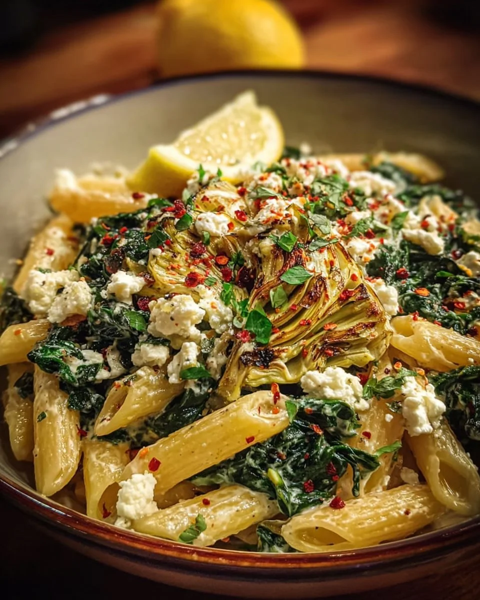 Pasta with spinach, artichoke, and feta cheese served in a bowl.