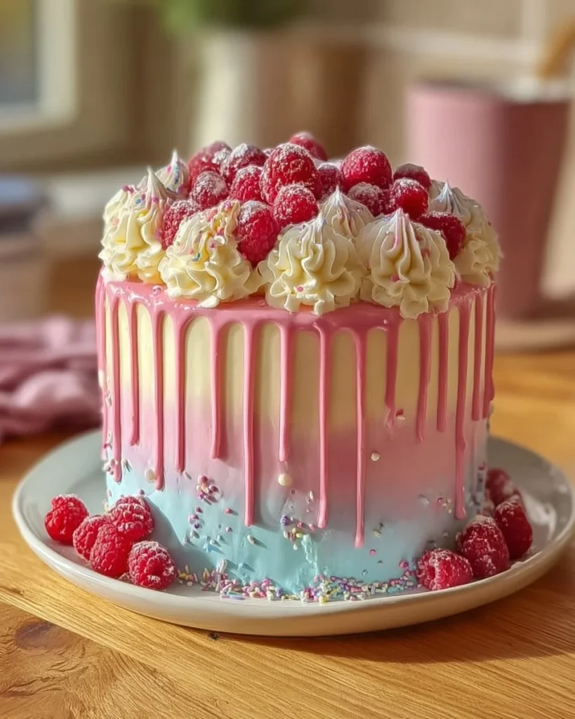 Pasted Rainbow Ombre Drip Cake with colorful layers and chocolate drip