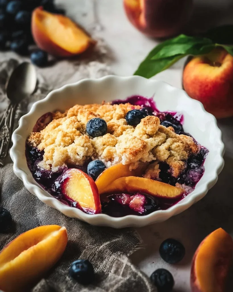 Delicious Peach Blueberry Cobbler with fresh fruit and golden crust