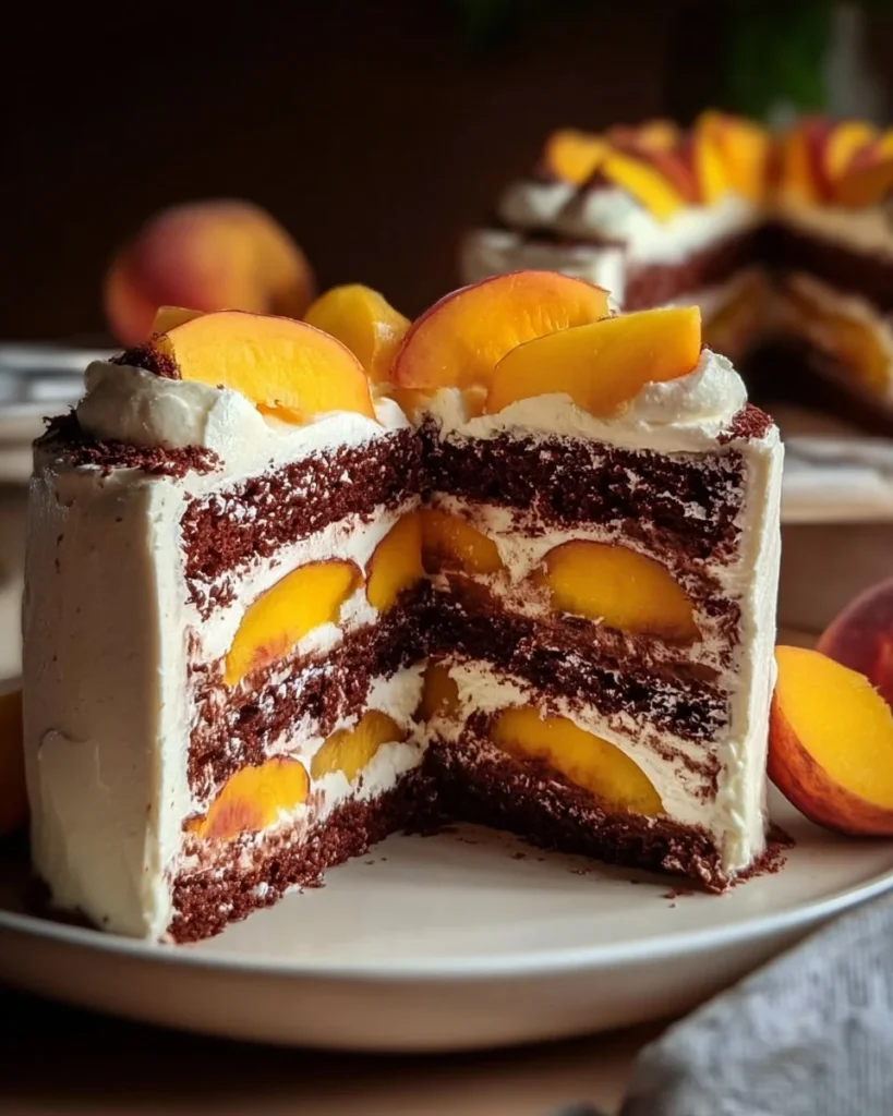 Slice of Peach Buttermilk Pound Cake with fresh peaches on a plate