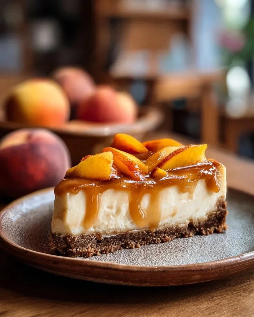 Delicious Peach Caramel Blondie Cheesecake with fresh peaches and caramel drizzle