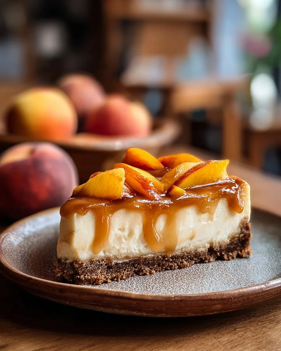 Delicious Peach Caramel Blondie Cheesecake with fresh peaches and caramel drizzle