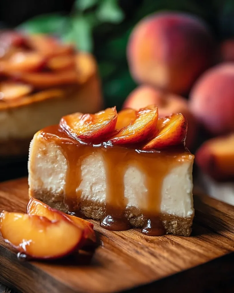 Peach Caramel Blondie Cheesecake with fresh peach slices and caramel drizzle.