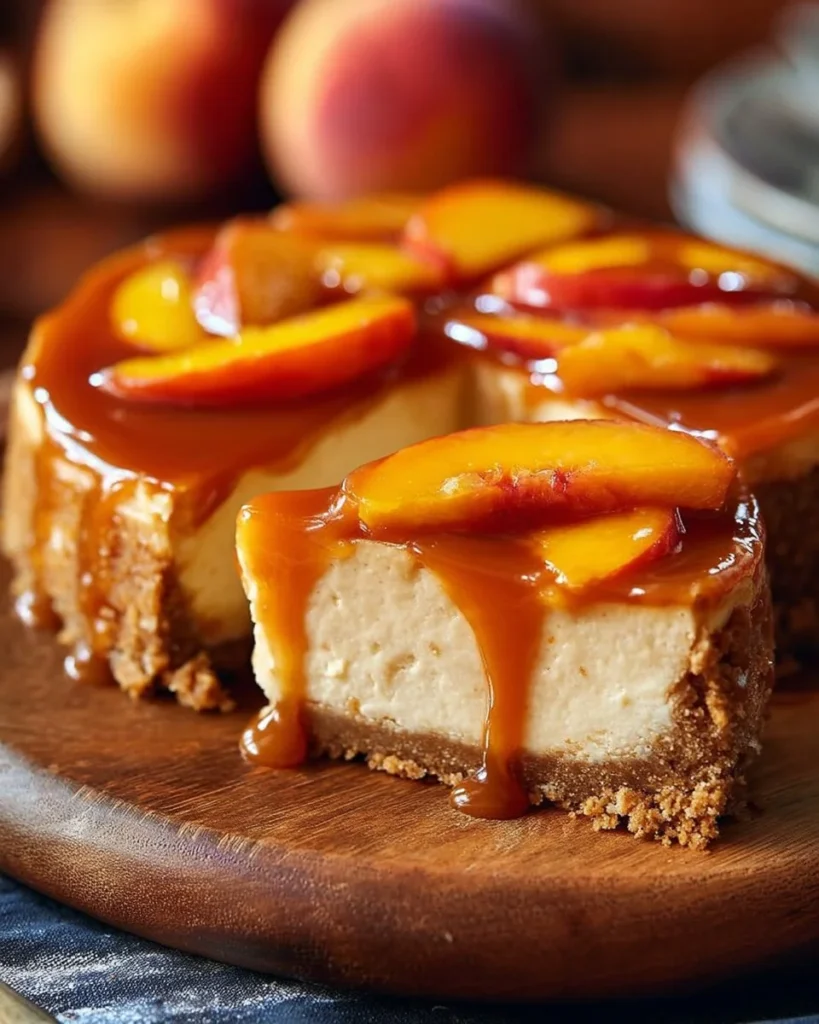Delicious Peach Caramel Blondie Cheesecake topped with fresh peaches and caramel sauce