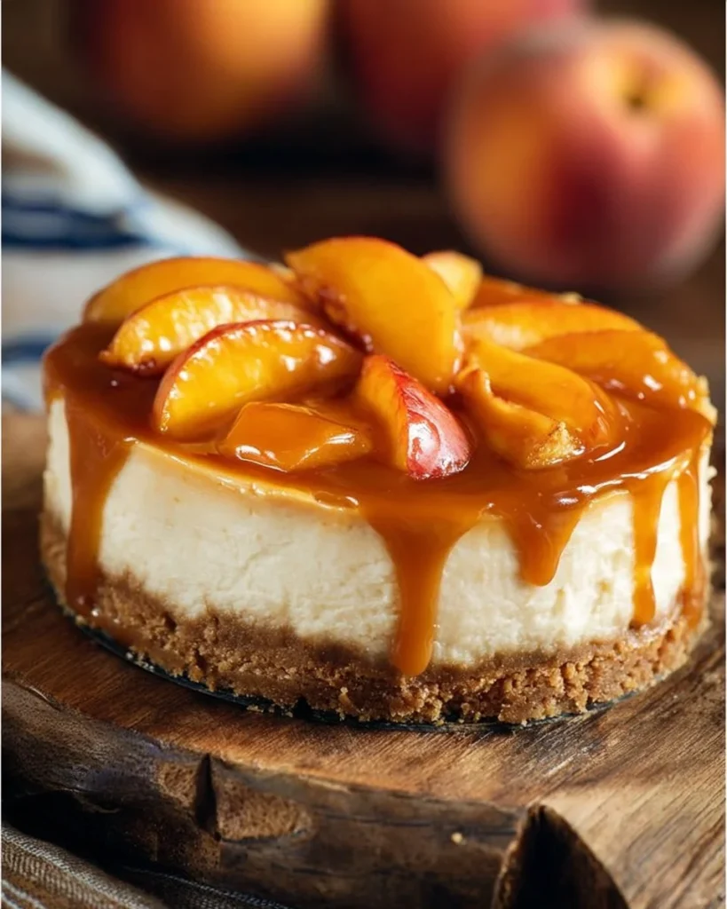 Delicious Peach Caramel Blondie Cheesecake with caramel drizzle on top
