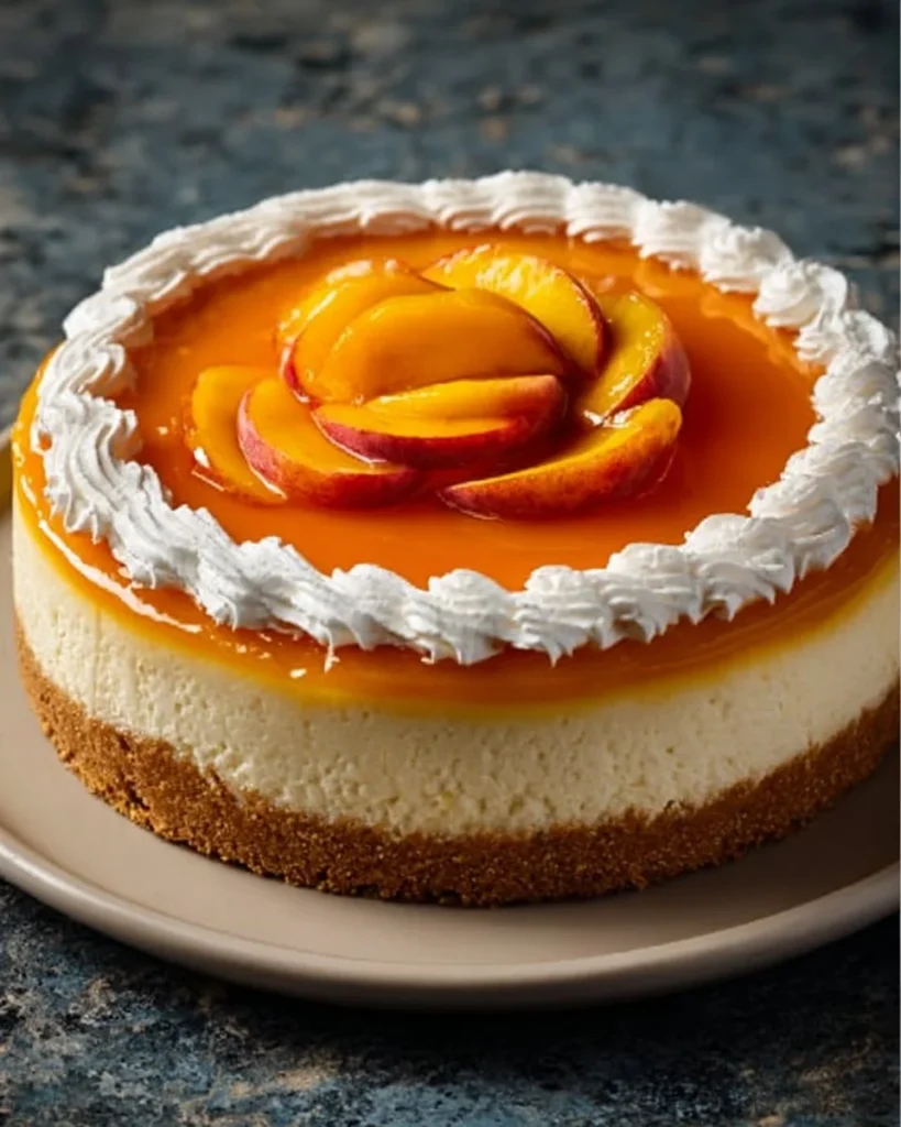 Delicious slice of Peach Cheesecake with fresh peach garnish on a plate.