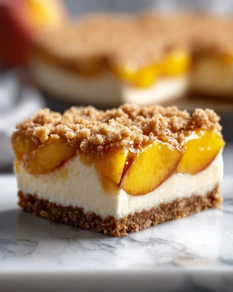 Delicious homemade Peach Cheesecake topped with fresh peach slices