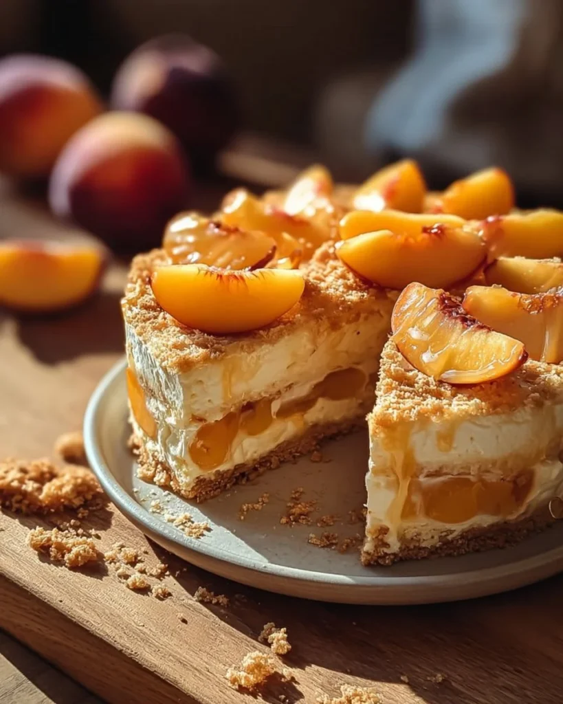 Delicious Peach Cobbler Cheesecake topped with fresh peaches and caramel sauce