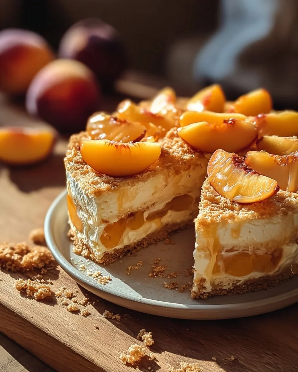 Delicious Peach Cobbler Cheesecake topped with fresh peaches and caramel sauce